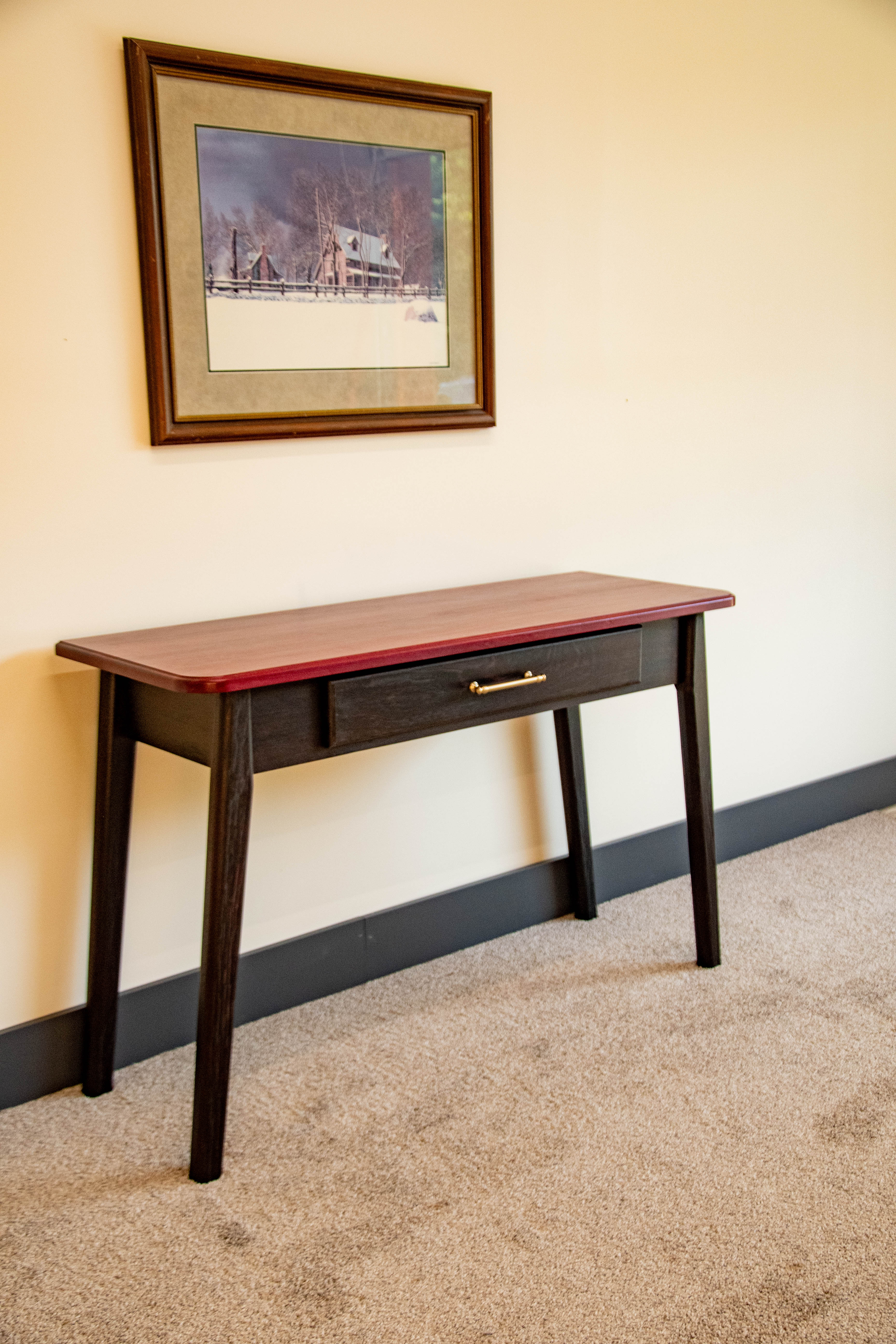 Aubergine Mid Century Wenge & Purple Heart Wood Writing Desk | Solid Hardwood Desk with Drawer