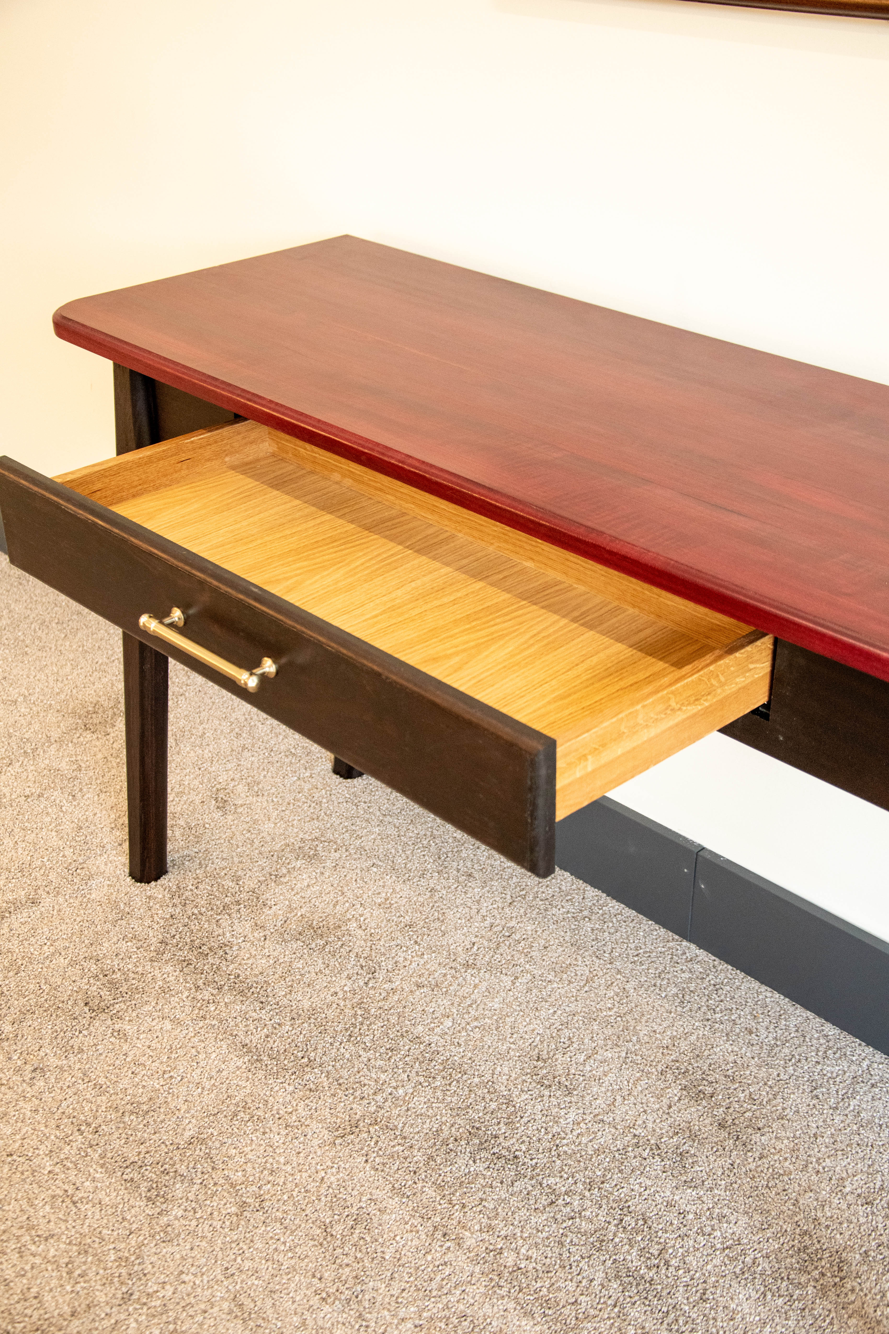 Aubergine Mid Century Wenge & Purple Heart Wood Writing Desk | Solid Hardwood Desk with Drawer