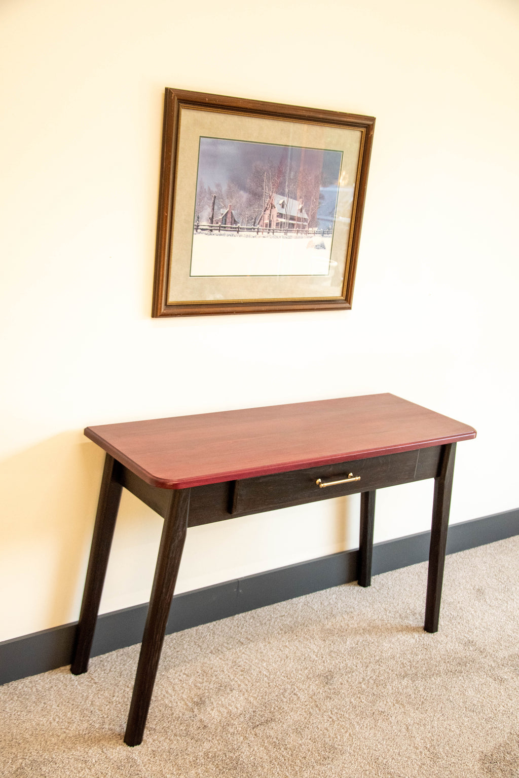 Aubergine Mid Century Wenge & Purple Heart Wood Writing Desk | Solid Hardwood Desk with Drawer